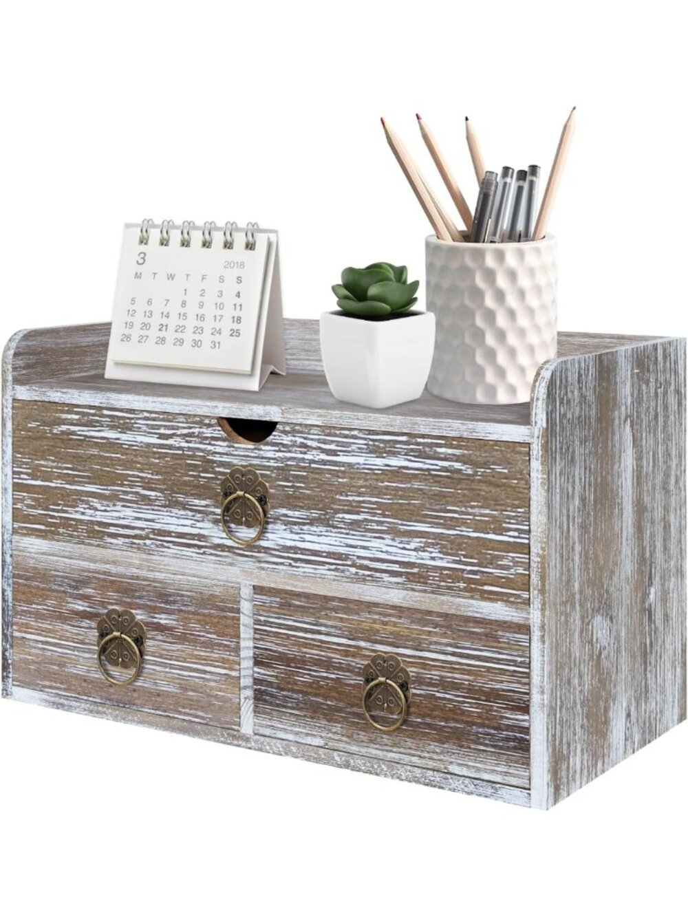 Stylish Wooden Desk Organizer with Drawer - Rustic Brown Tabletop Storage for